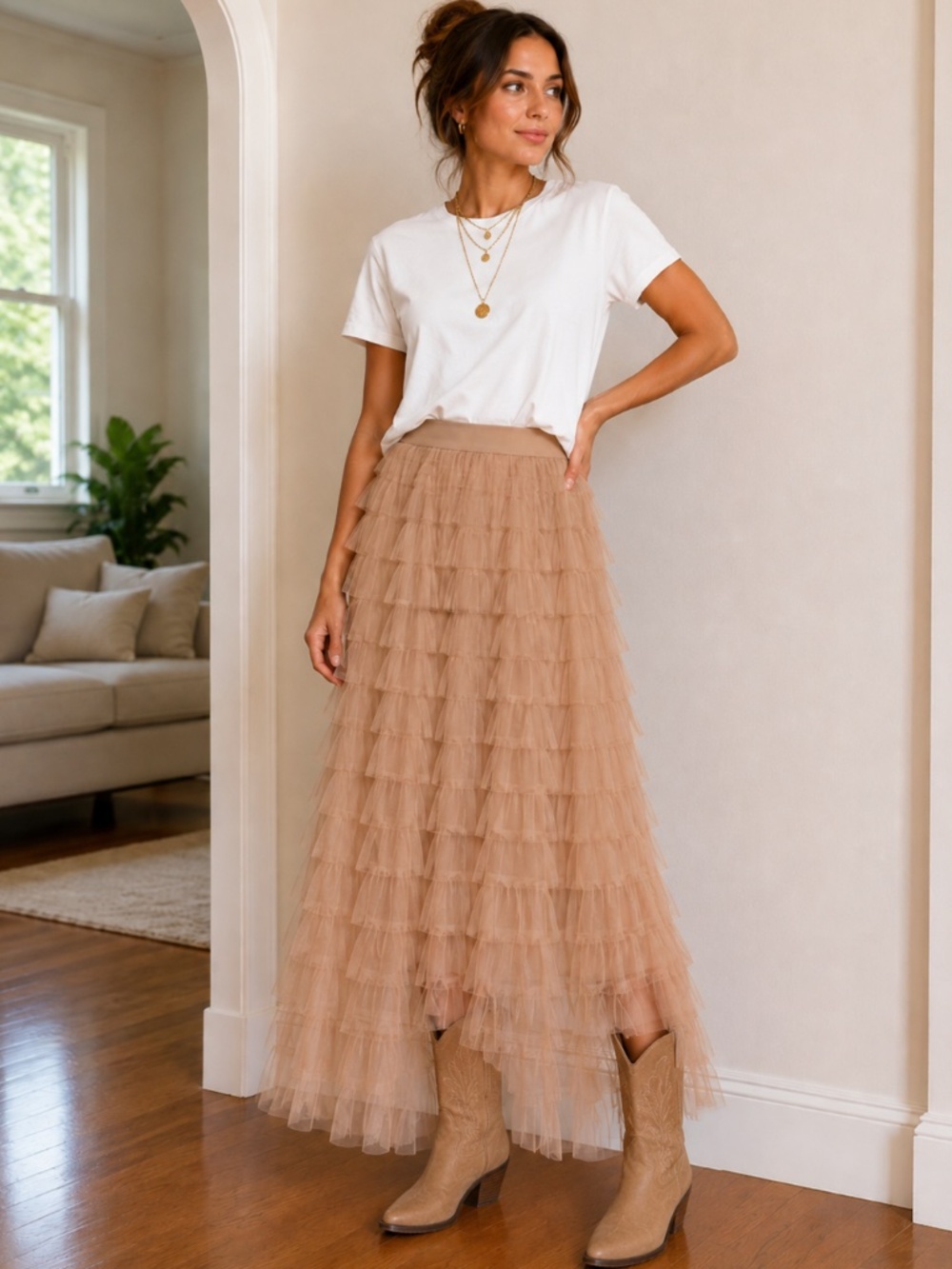 Long Layered Tulle Skirt in Blush